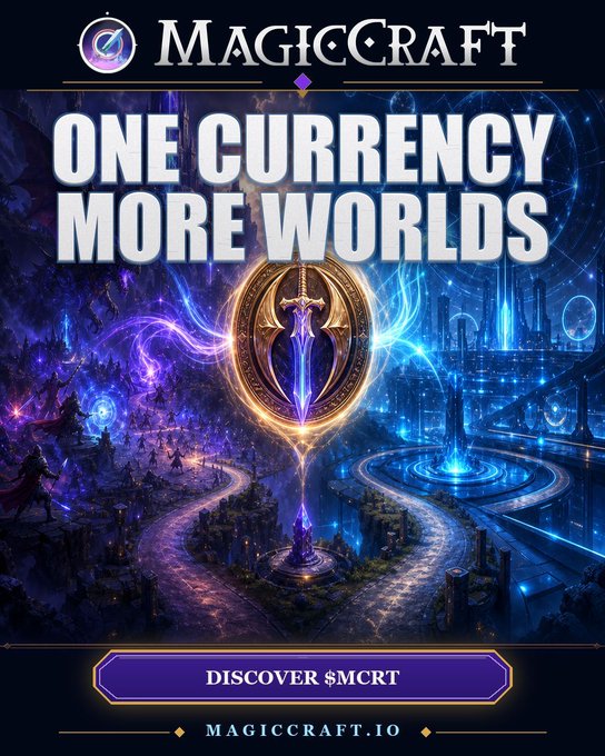 Promotional graphic for MagicCraft featuring the tagline 'ONE CURRENCY MORE WORLDS' with a glowing sword emblem and a call-to-action button reading 'DISCOVER $MCRT' and the URL MAGICCRAFT.IO.