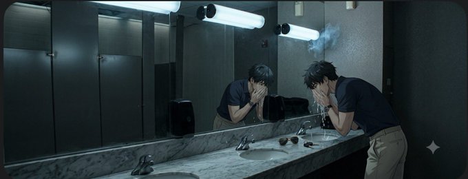 An anime-style illustration of a young man in a dark bathroom washing his face at the sink, with steam rising and his reflection visible in the mirror under fluorescent lights.