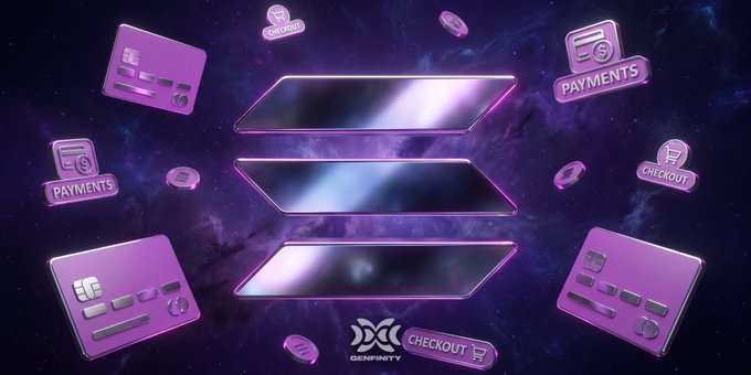 A purple-themed graphic design featuring three floating hexagonal frames in the center, surrounded by credit cards, coins, and shopping cart icons labeled 'CHECKOUT' and 'PAYMENTS', with the logo 'GENFINITY' at the bottom.