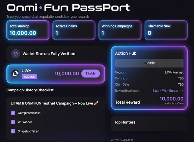 The image shows a screen displaying a dashboard for an application called "onmi-fun passport". It displays details of the app, including user data such as the number of active campaigns and the total number of rewards that have been claimed by users. In addition, there is a link to the LitVM Network where users can find out more information about the app's token allocation process or claim their rewards if they haven't yet done so. The main focus should be on how the app works in relation to the post and what it has to do with user experience.
