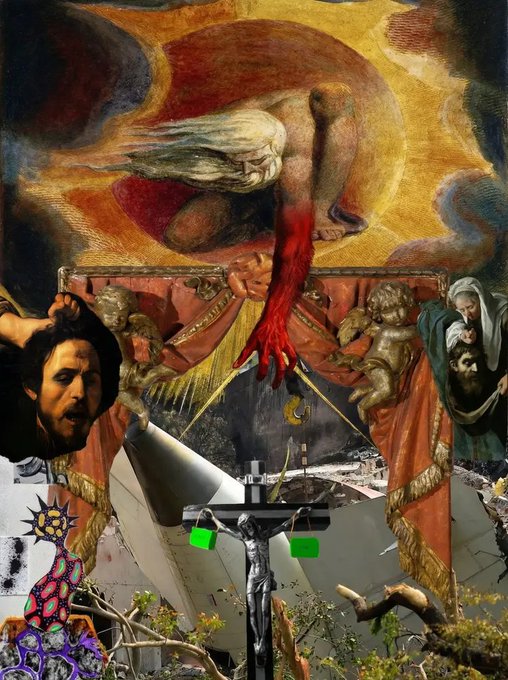A chaotic, surreal collage features a central crucifixion scene surrounded by classical cherubs, a reaching arm with a blood-red hand, and various disembodied faces against a swirling, textured background.