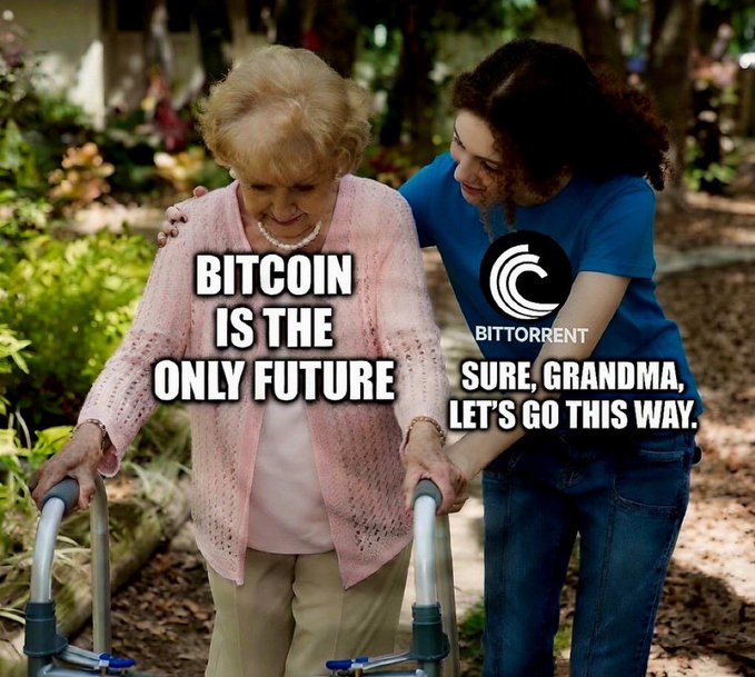 The image shows an elderly woman using a walker being assisted by a younger woman in a park setting, with text overlay reading "BITCOIN IS THE ONLY FUTURE" on the older woman (whose shirt bears a Bitcoin "C" logo) and "BITTORRENT SURE, GRANDMA, LET'S GO THIS WAY" on the younger woman (whose shirt displays the BitTorrent logo).

This meme uses the generational dynamic to represent the post's message: Bitcoin, despite its groundbreaking role in pioneering decentralized value transfer, represents an older, established phase of blockchain innovation, while BitTorrent emerges as the newer, forward-looking successor guiding the industry toward its next evolution in decentralized peer-to-peer technology.