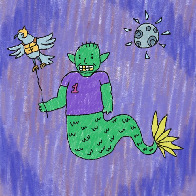A hand-drawn illustration features a green-skinned mermaid-like character with pointed ears, wearing a purple shirt displaying the number "1," alongside a bird with a yellow "F" emblem and a stylized sun, all set against a blue background—visually representing the NFT collection's whimsical 1/1 character art.

The post references 15 character types with ~100 attributes each, including 50 1/1 NFTs (likely represented by the prominent "1" on the character's shirt), and mentions "Free" minting during the GTD phase of this 11,111 supply collection.