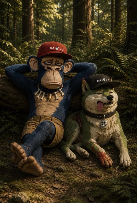 A whimsical illustration of a blue monkey and a green wolf, both wearing hats labeled 'BAYC', sitting together in a forest.