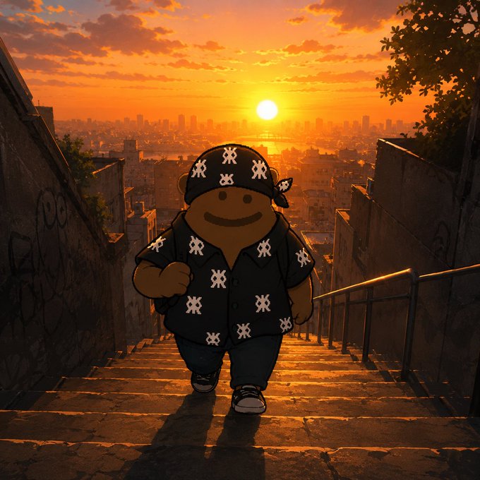An anime-style character wearing a black bandana and shirt patterned with white symbols walks up stone stairs toward a sunset over a cityscape.