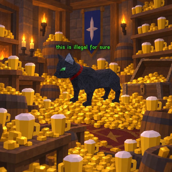 A 3D-rendered black cat stands in a tavern filled with barrels and shelves of beer mugs overflowing with gold coins, with text reading "this is illegal for sure".