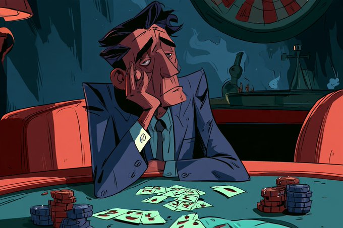 A cartoon illustration of a tired man in a blue suit sitting at a poker table with scattered cards and chips, with a wheel of fortune and bottles in the background.