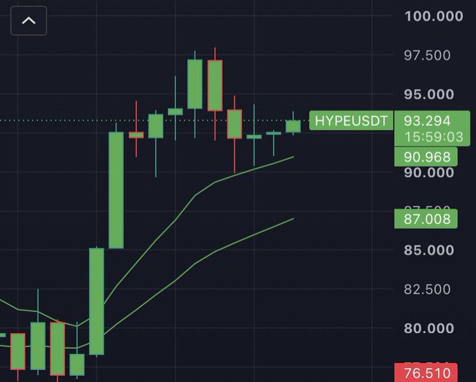 Financial candlestick chart showing HYPEUSDT trading at 93.294 with visible price levels including 90.968, 87.008, and 76.510.