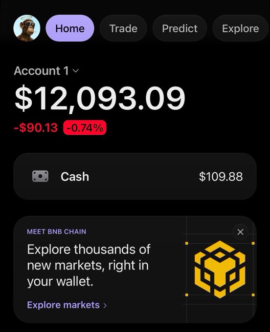 A mobile app screenshot showing a financial account titled 'Account 1' with a balance of $12,093.09, down $90.13 (-0.74%), featuring $109.88 in cash and a navigation menu with Home, Trade, Predict, and Explore tabs.