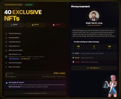 A screenshot of a website showing '40 EXCLUSIVE NFTs' with various colored NFT items listed and an announcement section featuring a user profile.