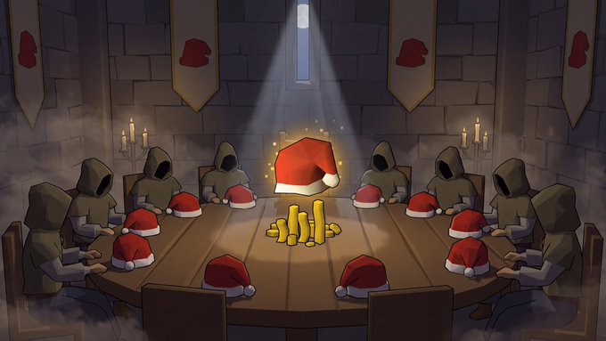 A cartoon image shows hooded figures gathered around a long table in a stone hall, with Santa hats placed before them and a glowing Santa hat hovering above a pile of gold coins in the center.

The image ties into the post by visualizing "$SANTA" as a secretive, ritualistic council plotting their next move over gold, emphasizing the "GM everyone" tone of relentless Sunday hustle behind a festive facade.