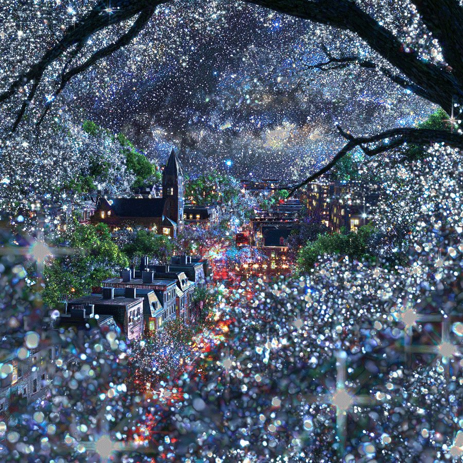 The image features a night scene with a cityscape at the bottom of a tree, surrounded by stars. The sky above appears to be cloudy, adding depth to the scene. There are several buildings visible in the background, including one that has its lights on, creating a warm glow against the dark backdrop. The post is titled "New Drop Orare Ξ0.1 Reserve / Ξ0.2 Buy Now Fellowship Daily Program Season III" and it seems to be promoting a product or service related to the image's theme of nighttime cityscapes with stars above.
