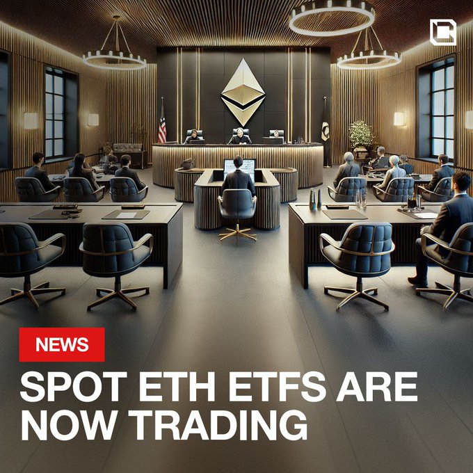 News graphic showing a courtroom with an Ethereum logo on the wall, captioned 'NEWS - SPOT ETH ETFS ARE NOW TRADING'.