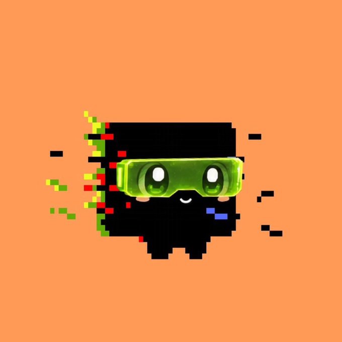 A pixel-art black creature with large glossy green goggle-like eyes smiles against an orange background, with green and red pixels glitching out from its left side. The image visually represents the "glitch signature" and collectible creature concept of the $GLRTCH project being highlighted in the post.