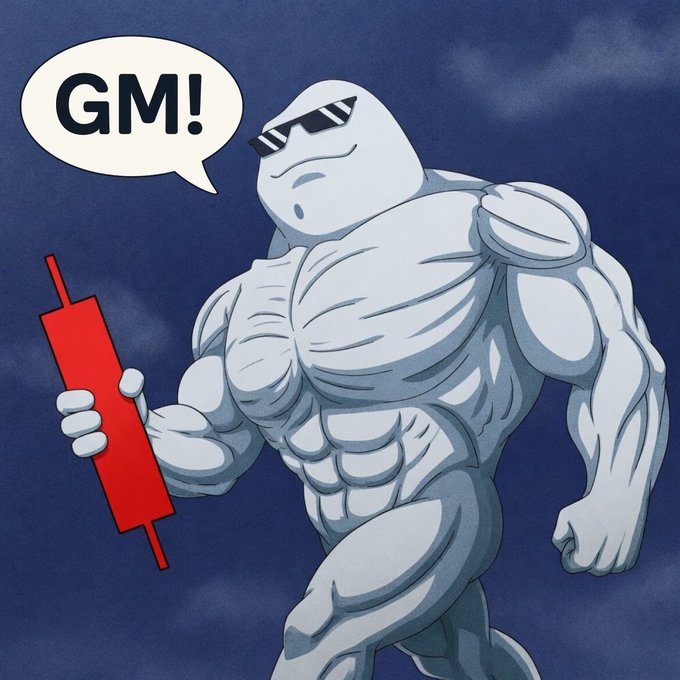 An anime-style illustration of a muscular figure wearing black sunglasses and holding a red price chart, with a speech bubble saying 'GM!' against a dark blue background.