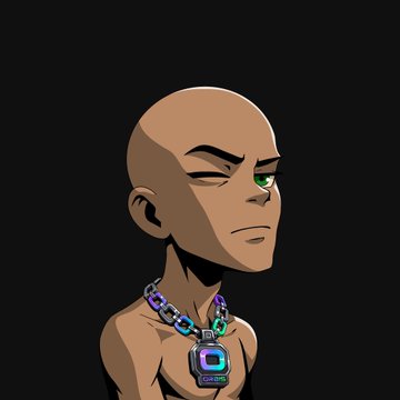 A bald, cartoon-style character with a green eye, stern expression, and a glowing necklace bearing the word "ORBIS" against a dark background, representing the OrbisOnSOL NFT project mentioned in the post.