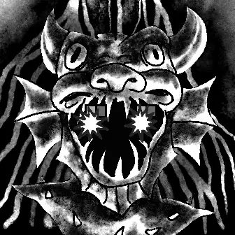 A black and white illustration of a fierce demon mask with bared fangs, spiked protrusions, and glowing eyes, which the user relates to a series of masks that hung in their aunt and uncle's house during childhood, now part of their personal collection.
