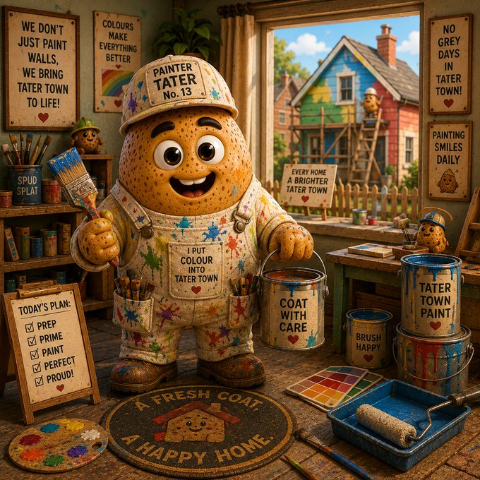 A whimsical illustration of an anthropomorphic potato character wearing painter overalls, holding a paintbrush and bucket, with signs reading 'WE DON'T JUST PAINT WALLS, WE BRING TATER TOWN TO LIFE!' and 'A FRESH COAT, A HAPPY HOME'.