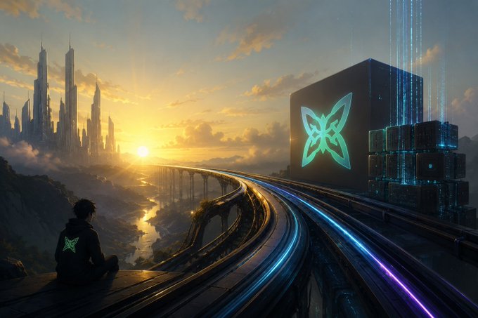 A sci-fi digital art piece showing a person wearing a butterfly-logo hoodie watching a futuristic highway at sunset leading toward a floating city, with a glowing butterfly emblem on a dark monolith.