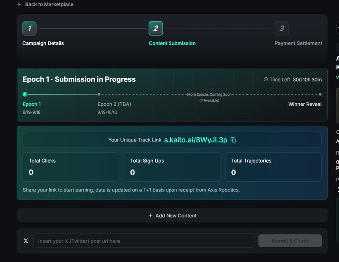 Screenshot of a Kaito marketplace campaign page showing "Epoch 1 - Submission in Progress" (8/19-9/18) for an Axis Robotics content campaign, with T+1 data tracking and a unique track link s.kaito.ai/8WyJL3p.