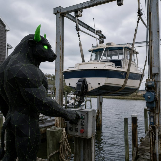 A black polygonal bull figure with glowing green horns stands at a boat lift control panel, hoisting a white and blue boat out of the water.