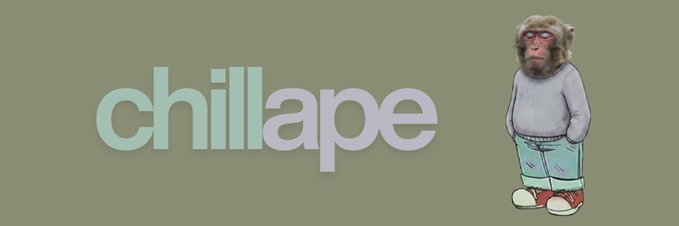 A banner featuring the text "chillape" in light gradient lettering alongside a cartoon monkey wearing sunglasses, a sweatshirt, and sneakers, promoting a $1,500 $CHILLAPE token giveaway on Solana.