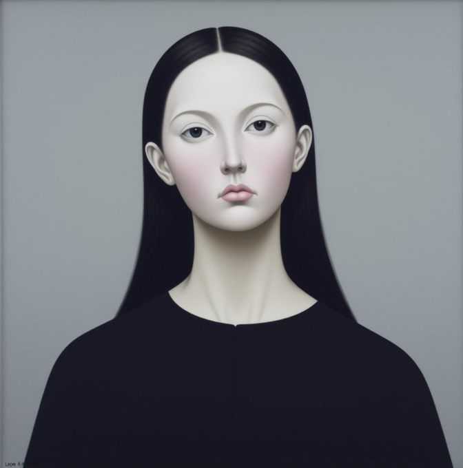 A stylized portrait painting of a pale-skinned woman with long black hair parted in the middle, wearing a black top, with subtle pink blush on her cheeks against a neutral gray background.
