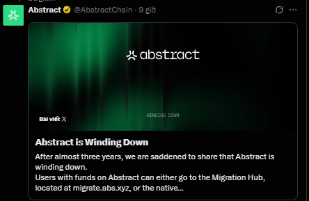 Tweet from Abstract (@AbstractChain) announcing that Abstract is winding down after almost three years, directing users to the Migration Hub.