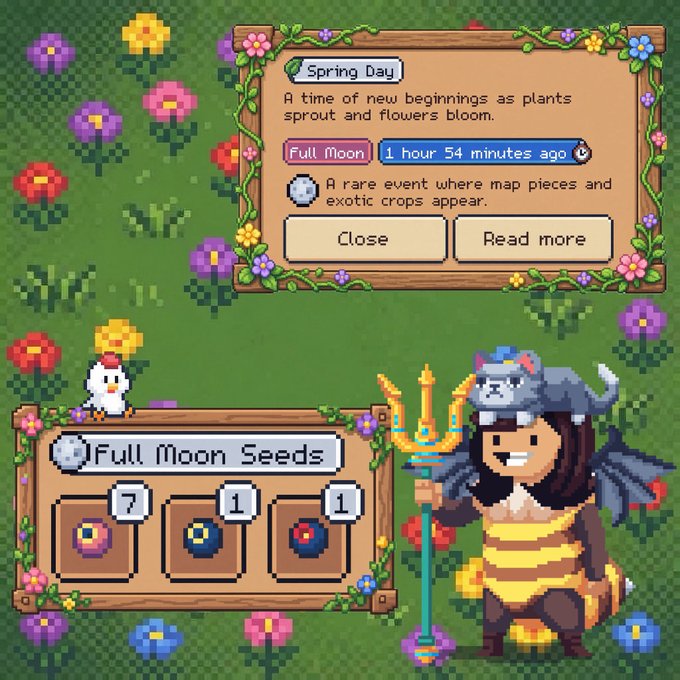 A pixel art game interface displays a 'Spring Day' notification with a 'Full Moon' event, showing 'Full Moon Seeds' inventory and a character in bee-themed armor holding a trident.