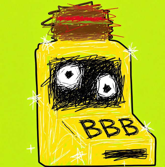 The image shows a crudely drawn, cartoon-style yellow bottle with a brown cork and large googly eyes, labeled "BBB" in black text, surrounded by sparkle marks on a bright green background. The childlike "shitcoin" meme aesthetic humorously represents the launch of a low-effort Bitcoin-branded crypto project, with the letters "BBB" possibly standing for a parody crypto token name, mocking the simplicity of the "7777 BTC Machines" launch on Robinhood chain.