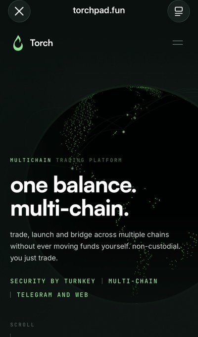 A mobile website screenshot for 'Torch' (torchpad.fun), a multichain trading platform advertising 'one balance. multi-chain.' with security by Turnkey.
