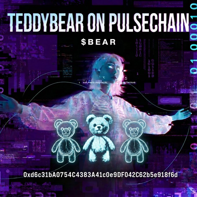 A promotional graphic titled 'TEDDYBEAR ON PULSECHAIN' featuring '$BEAR', a glowing figure, three neon teddy bear outlines, and a contract address '0xd6c31bA0754C4383A41c0e9DF042C62b5e918f6d' against a purple, cyberpunk-style background.