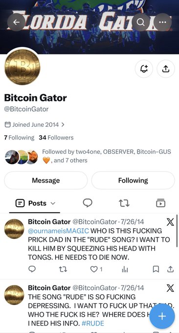 Twitter profile for 'Bitcoin Gator' (@BitcoinGator) featuring posts angrily criticizing a song called 'RUDE' from 2014.