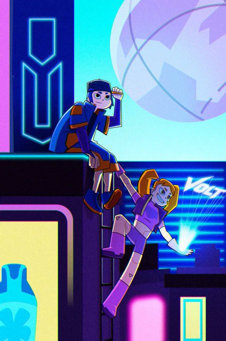An animated illustration of two characters, a boy sitting on a ledge and a girl hanging onto his hand, set against a vibrant neon cityscape with a basketball in the background.