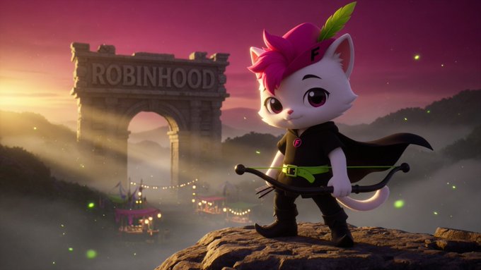 A stylized white cat with pink hair and a feather stands on a rocky cliff holding a bow, with a moonglit archway inscribed "ROBINHOOD" in the background, visually tying the post's wordplay to the $PUSS token's Robinhood-themed branding.