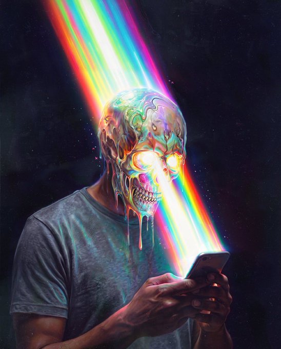 A surreal digital artwork of a figure with a melting, ornate skull for a head and glowing eyes, looking at a smartphone that emits a rainbow beam of light.