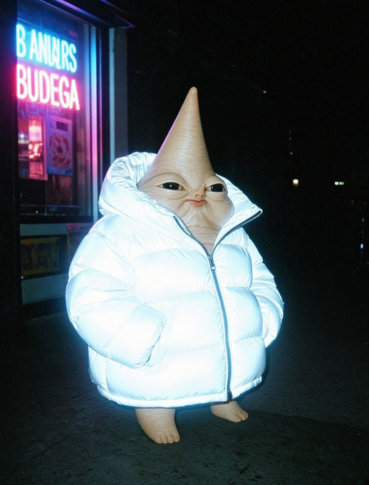 A strange, cone-headed creature with large eyes and a goofy expression stands on a dark street at night, wearing an oversized white puffer jacket. Behind it glows a neon sign reading "BODEGA BODEGA," its pink and blue light illuminating the surreal figure that has become an abstract viral meme.