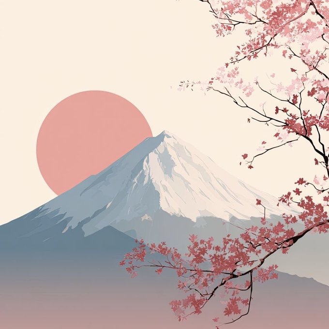A stylized illustration of Mount Fuji with snow-capped peak, a pink sun behind it, and pink cherry blossom branches framing the scene.