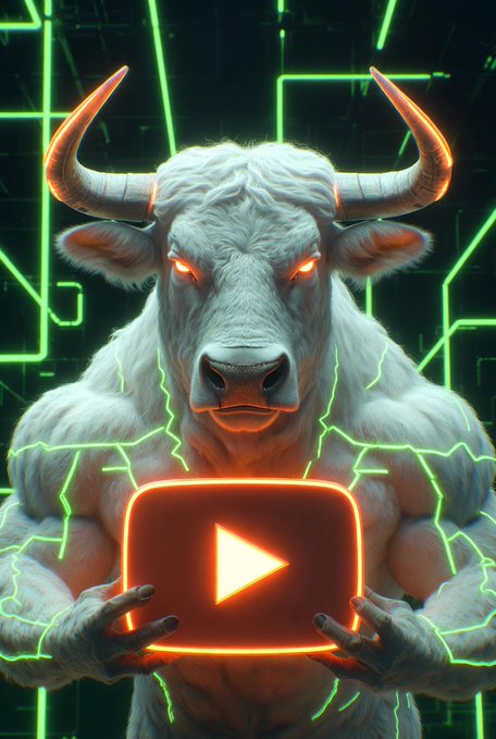 A muscular white bull with glowing orange eyes and lightning-like veins holds a glowing YouTube play button, visually representing the "White Bull" and the live video promotion for the $LEVI ticker.