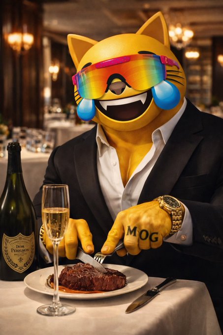 An AI-generated image shows a yellow cat-like figure wearing rainbow sunglasses and a black suit, smiling while cutting into a steak on a white plate, accompanied by a glass of champagne and a bottle of Dom Pérignon.