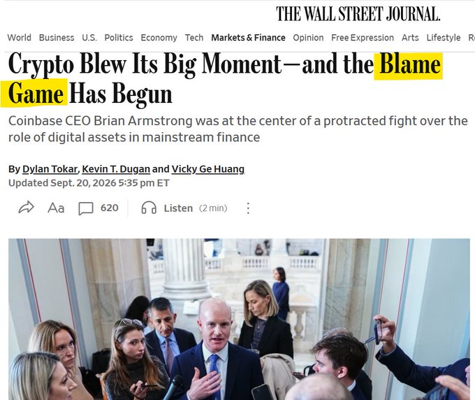 A Wall Street Journal article headline reading 'Crypto Blew Its Big Moment—and the Blame Game Has Begun' (with 'Blame Game' highlighted in yellow), about Coinbase CEO Brian Armstrong, dated September 20, 2026, by Dylan Tokar, Kevin T. Dugan and Vicky Ge Huang.