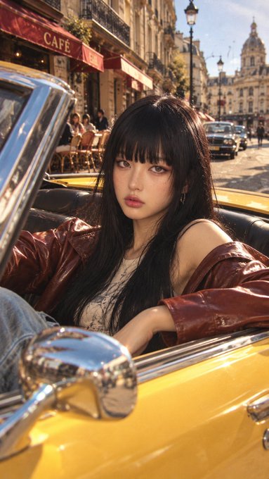 An AI-generated image of a young woman with long black hair and bangs, wearing a red leather jacket, sitting in a yellow convertible car with a European cafe and city street visible in the background.