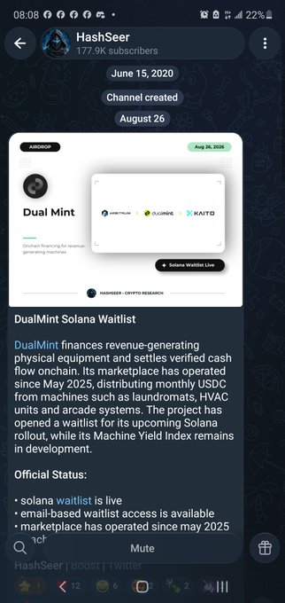 A Telegram channel preview for 'HashSeer' (177.9K subscribers) featuring an article about 'DualMint Solana Waitlist' and its cash-flow marketplace.