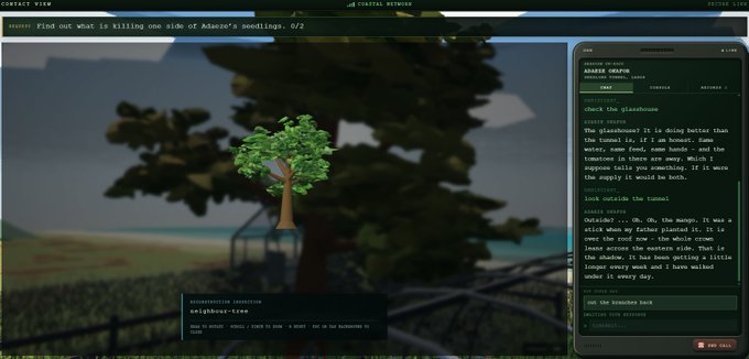 A first-person view from the game "Omniscient" by @lifemademe shows a player inspecting a tree in an outdoor environment, with a notebook interface displaying clues about the "tree, glasshouse, and tomato location" and the current objective "Find out what is killing one side of Adaire's seedlings. 0/2."