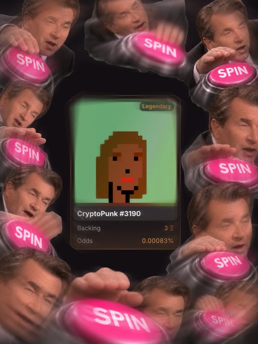 The image shows a CryptoPunk #3190 with legendary status and odds of 0.00083%, surrounded by repeated images of a man pressing a pink "SPIN" button, humorously emphasizing the gamble of trying to acquire a rare FWA Punk for nearly 1 ETH.