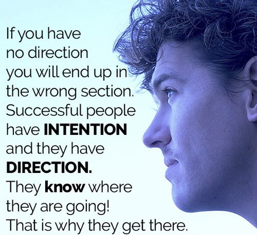 A motivational quote image featuring a blue-tinted profile photo of a man, with text reading: "If you have no direction you will end up in the wrong section. Successful people have INTENTION and they have DIRECTION. They know where they are going! That is why they get there."