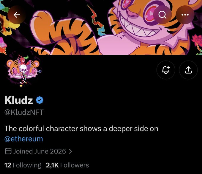 The image shows a Twitter/X profile for Kludz (@KludzNFT), featuring a vibrant cartoon tiger character artwork as the banner and avatar. The account, which joined June 2026 and has 2,1K followers, promotes the upcoming 3,333 Kludz NFT collection launching on Ethereum, with a $1 mint price and upcoming raffles announced.