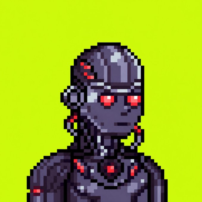 A pixel art portrait of a metallic, robotic figure with glowing red eyes set against a bright neon green background, representing the RobinDroids NFT collection being promoted in the giveaway post.