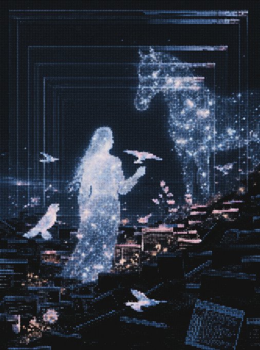 The image features a woman with long hair standing next to a horse, both of them surrounded by birds. The background consists of a cityscape filled with buildings and trees. The image also contains text that reads "A big thank you to @RabbitsCrypto and @tokioflo for collecting the 'Blooming in the code' edition" and "@23ArtCollective 18/20 editions - 6 Tez".