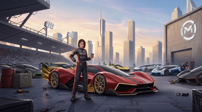 A digital illustration of a woman in racing attire holding a coffee cup, standing in front of a red sports car at a futuristic racing stadium with the 'M' logo visible.